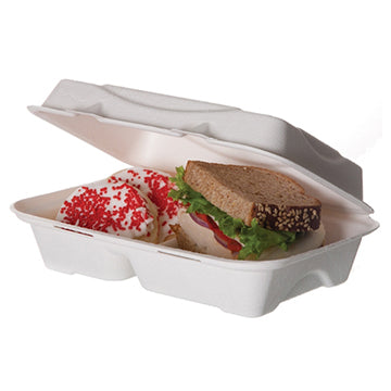 Sugarcane Clamshells - 9" x 6" x 2.5" - 2 Compartment